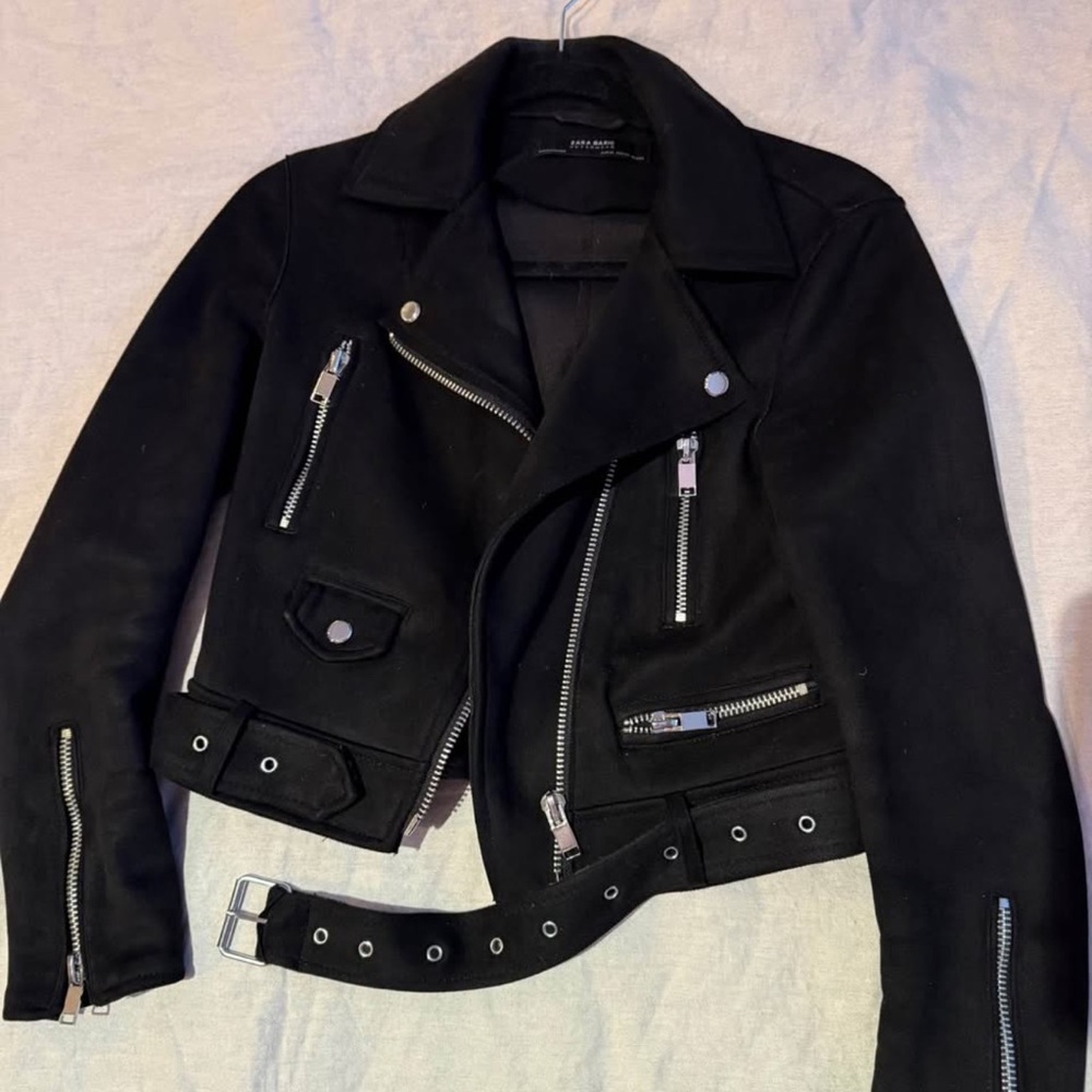 Zara Black suede moto Jacket with Silver Details
